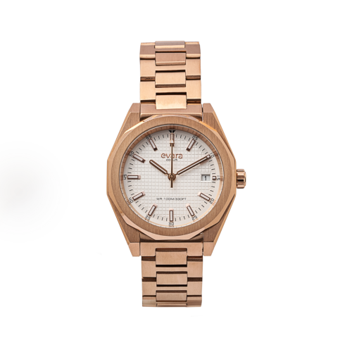 Qorum Evara Ladies Watch – White Dial, Date Display, Rose Gold plated Stainless Steel Strap 