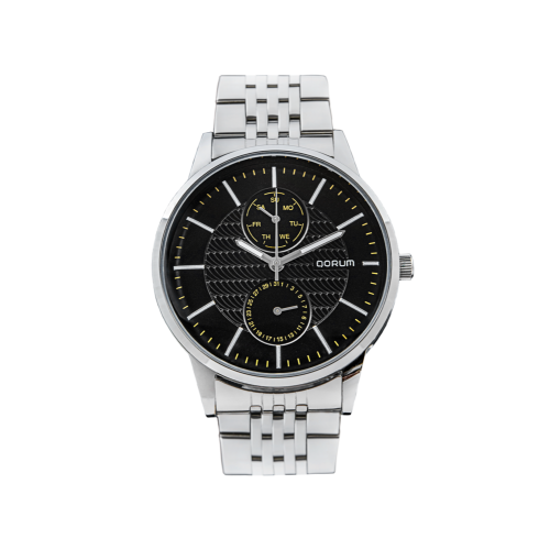 Qorum Verve Men’s Multi-Function Watch – Black Dial, Stainless Steel Strap