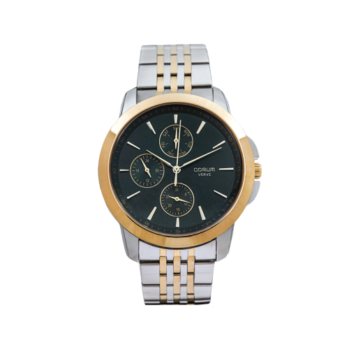Qorum Verve Men’s Multi-Function Watch – Green Dial, Two-Tone Gold plated Stainless Steel Strap