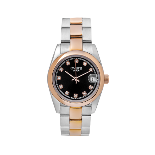 Qorum Evara Ladies Watch – Black Studded Dial, Date Display, Two-Tone Rose Gold plated Stainless Steel Strap 