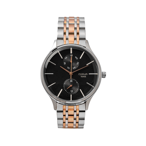 Qorum Verve Men’s Multi-Function Watch – Black Dial, Two-Tone Rose Gold plated Stainless Steel Strap
