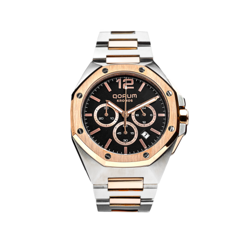Qorum Kronos Men’s Chronograph Watch – Black Dial, Two-tone Rose Gold Stainless Steel Strap
