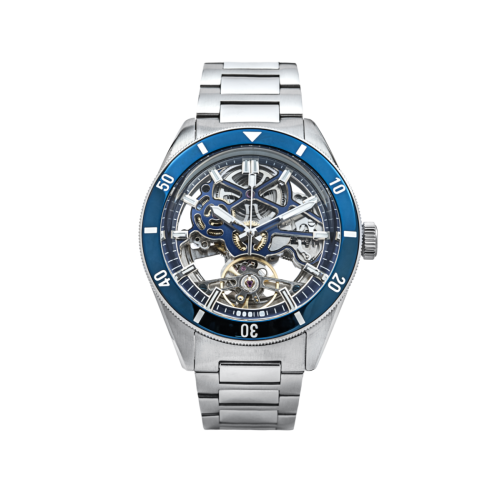 Qorum Equinox Men’s Automatic Skeleton Watch – Steel Finish Dial, Blue Bezel, Stainless Steel Strap