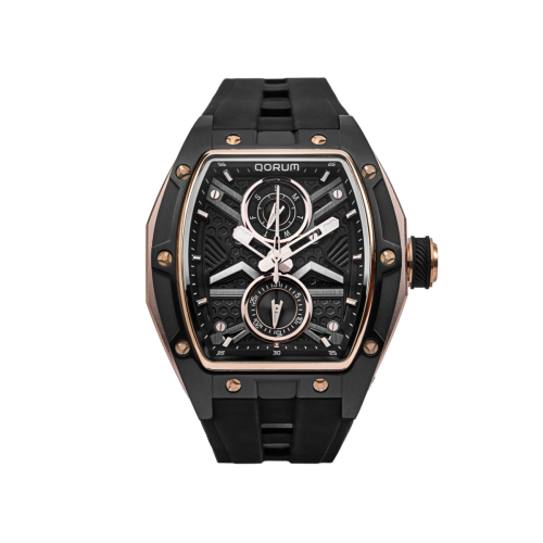 Qorum Equinox Men’s Multi-Function Skeleton Watch – Black Dial, Rose Gold Detailing,  Black Silicon strap 