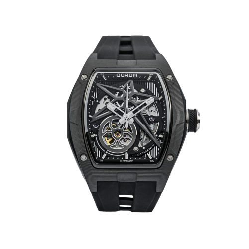 Qorum Equinox Men’s Automatic Skeleton Watch – Black Dial, Chrome Detailing, Black Silicon strap 