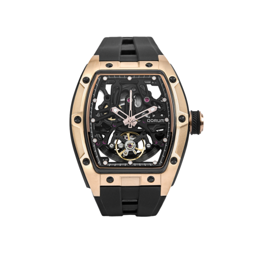 Qorum Equinox Men’s Multi-Function Skeleton Watch – Black Dial, Rose Gold Detailing,  Black Silicon strap 9198G-1 