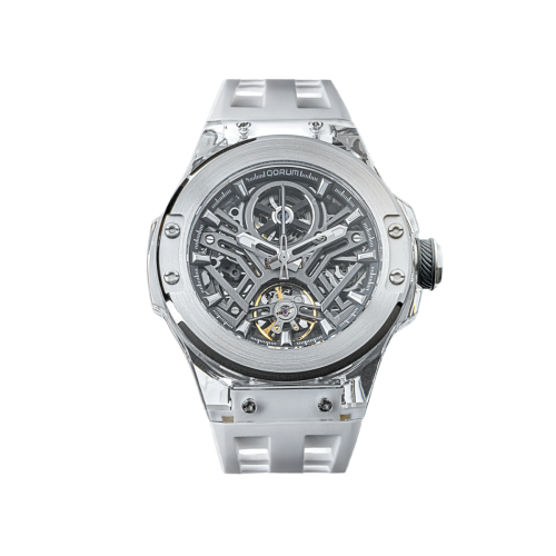 Qorum Equinox Men’s Automatic Skeleton Watch – Steel Finish Dial, Blue Detailing, White Silicon Strap