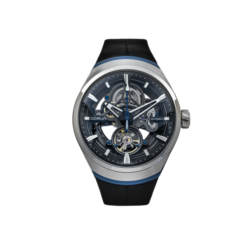 Qorum Equinox Men’s Automatic Skeleton Watch – Black Dial, Steel and Blue Detailing, Black Fluoro Rubber strap