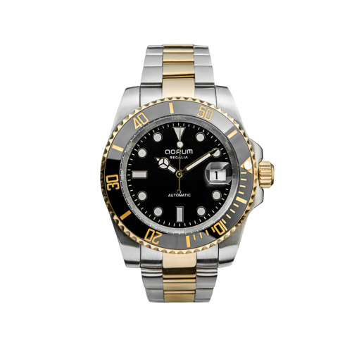 Qorum Regalia Men’s Automatic Watch – Black Dial, Date display, Two-tone Gold plated Stainless Steel Strap 
