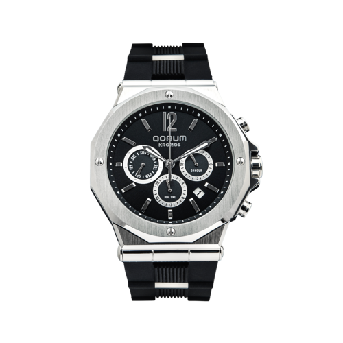 Qorum Kronos Men’s Chronograph Watch – Black Dial, Stainless Steel case, Black Silicon strap
