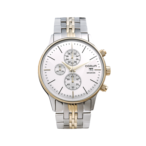 Qorum Kronos Men’s Chronograph Watch – White Dial, Two-Tone Gold Stainless Steel Strap