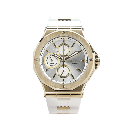 Qorum Evara Ladies Multi-function Watch – White Dial, Gold plated Stainless Steel Case, White silicon strap 