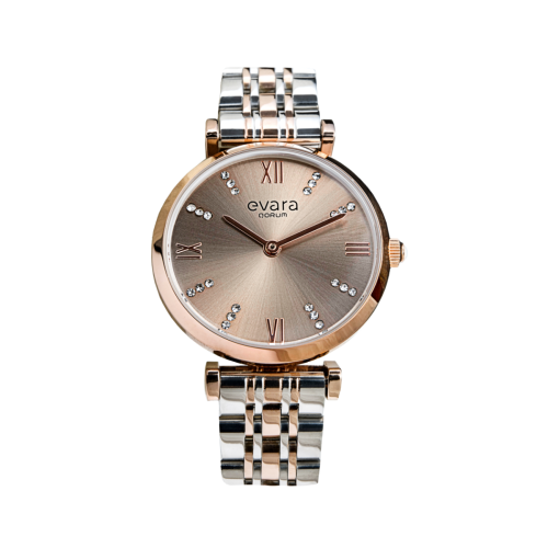 Qorum Evara Ladies Watch – Platinum Grey Dial, Two-Tone Rose Gold plated Stainless Steel Strap 