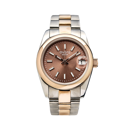 Qorum Evara Ladies Watch – Brown Dial, Date Display, Two-Tone Rose Gold plated Stainless Steel Strap 