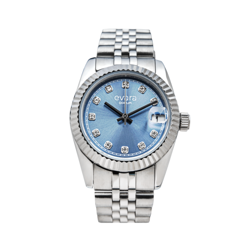 Qorum Evara Ladies Watch – Blue studded Dial, Date Display, Stainless Steel Strap 