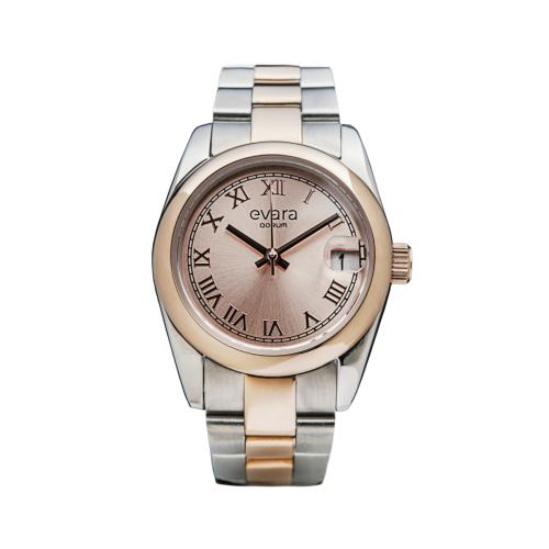 Qorum Evara Ladies Watch – Rose Gold Dial, Date Display, Two-Tone Rose Gold plated Stainless Steel Strap 
