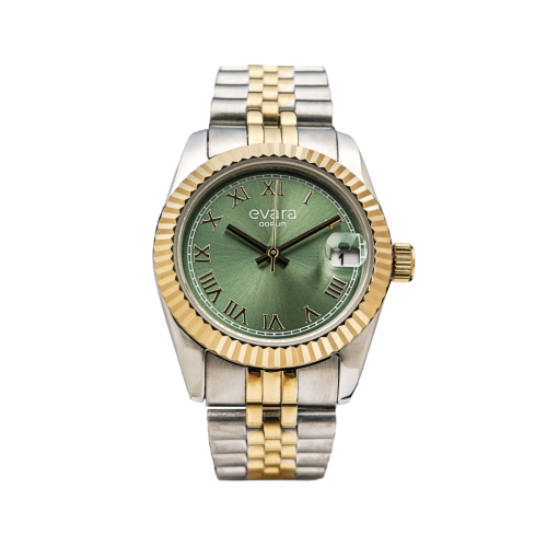 Qorum Evara Ladies Watch – Green Dial, Date Display, Two-Tone Gold plated Stainless Steel Strap 