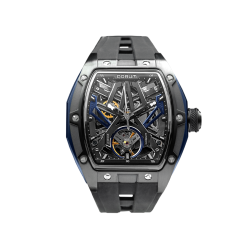 Qorum Equinox Men’s Automatic Skeleton Watch – Black Dial with Blue Detailing, Black silicon strap