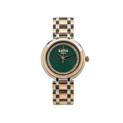 Qorum Katha Ladies Watch – Emerald Green Dial, Two-tone Rose Gold plated Stainless Steel Strap 