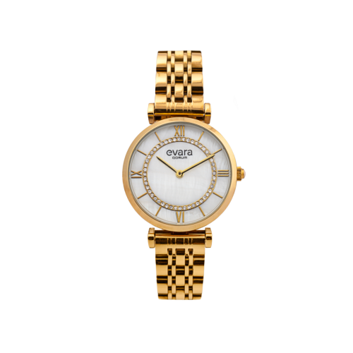 Qorum Evara Ladies Watch - Mother of Pearl Dial, Gold plated Stainless Steel Strap