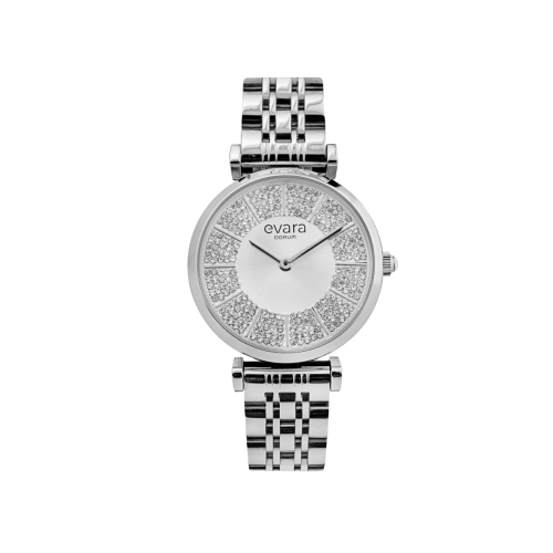 Qorum Evara Ladies Watch -  Silver Studded Dial, Stainless Steel Strap 