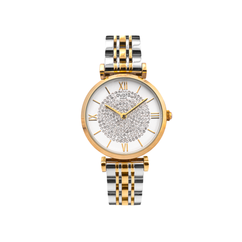 Qorum Evara Ladies Watch - Ivory White Studded Dial, Two-Tone Gold plated Stainless Steel Strap 